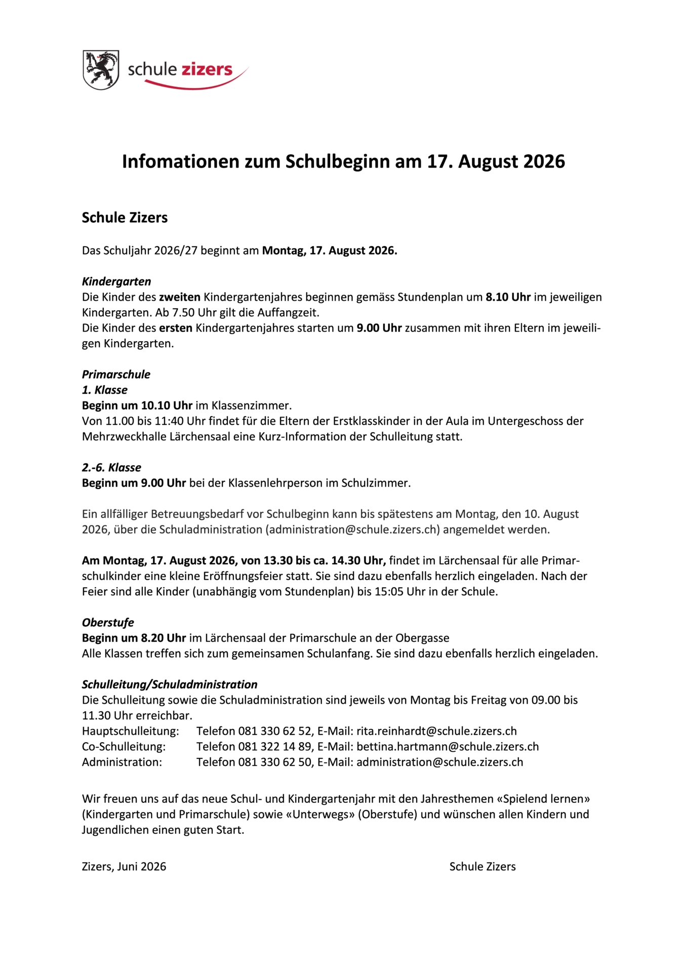 Schulbeginn 2026-27
